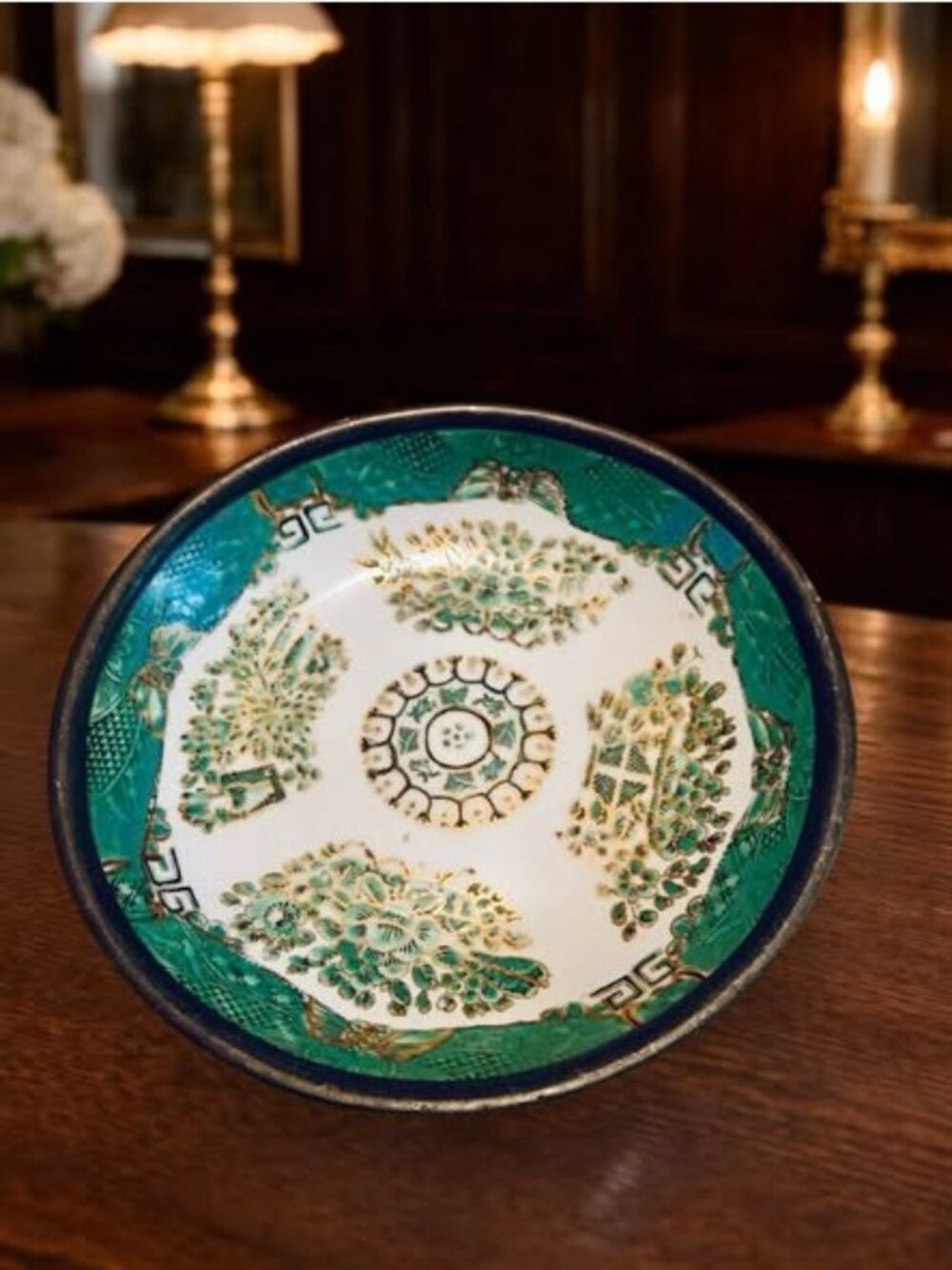 Vintage Japanese Porcelain Chinoiserie Bowl, Decorated in Hong Kong ISCO, Turquo